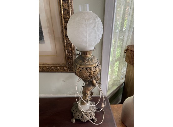 Beautiful Brass/marble Angel Lamp W/glass Globe