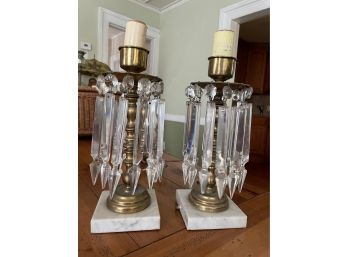 Pair Of Table Lamps Pair Lights Marble Base Brass Clear Crystals Glass 13 Vintage