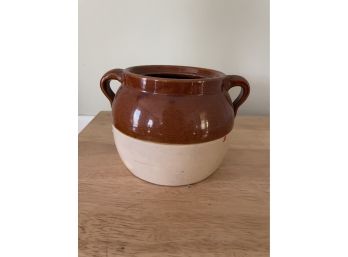Glazed Brown White Stoneware Bean Pot Crock With Dual Handles
