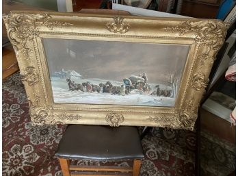 Hand Painted Lithograph 19th Century Winter Scene Cart W/horses