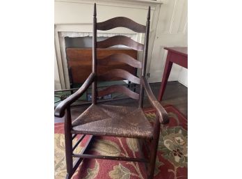 Antique Early American Ladder Back Rush Seat Rocking Arm Chair Ca 1800s