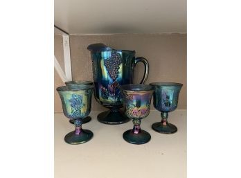 Carnival Blue Pitcher W/ Matching 4 Goblets