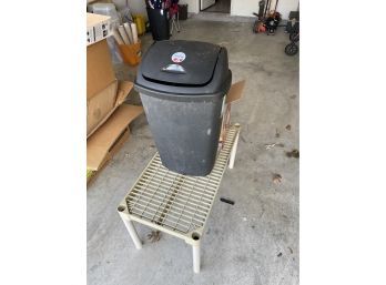 Assorted Garage Lot - Table, Trash Can, & Box Of Cords