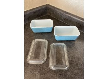 2 Vtg Pyrex Solid Blue -  Dish W/ Lid (1 1/2 Pt)