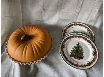 PIE PLATE * PUMPKIN Pie With Recipe! Universal Trumps Corp And Christopher Radko Traditions Christmas Plates