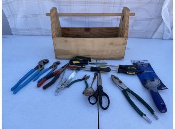 Lot Of Hand Tools In Wooden Caddy