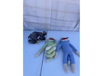 Lot Of 3 Plush Toys With Tags- Wild Republic Turtle, Sock Monkeys