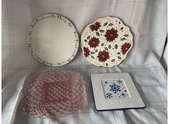 Decorative Christmas Plates And Pink Depression