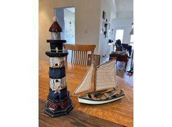 Wooden Sailboat And Lighthouse Decor Lot