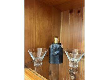 Pair Of Grand Mariner Glasses And Leather Wrapped Glass Flask