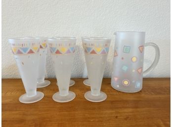 Vintage Southwestern Themed Glass Pitcher & Set Of 6 Glasses