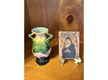 Small Porcelain Vase And Religious Print