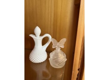 Milk Glass Mini Decanter And GLASS PERFUME BOTTLE WITH BUTTERFLY STOPPER, MADE IN FRANCE. VINTAGE