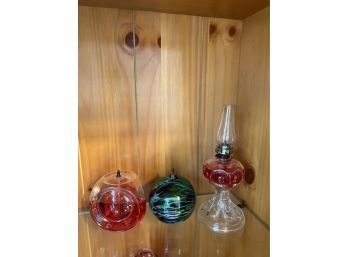 One Mini Oil Lamp And Two Glass Ball Oil Lamps