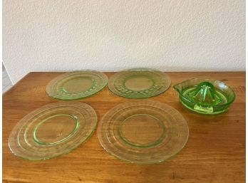 Green Depression Glass Plates & Juicer Lot