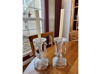 Pair Antique Clear Glass Crystal Candlesticks Holders