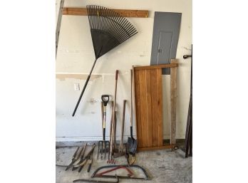 Lot Of Garden Tools- Shovel-Saws, Etc And Headboard