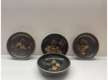 Antique Japanese Maki-E Lacquer Lidded Bowls Set Of 4