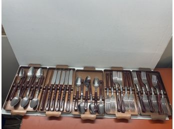 VTG MCM Stanhome Stainless  Bakelite Handles Forks, Spoons, Knifes In Original Trays