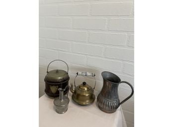 Four Piece Decorative Metals Lot - Pitchers: Tiel Holland, Egypt, Pewter Brass Tea Kettle Ice Bucket