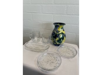Six Piece Lot - Cut Glass, Art Glass Vase