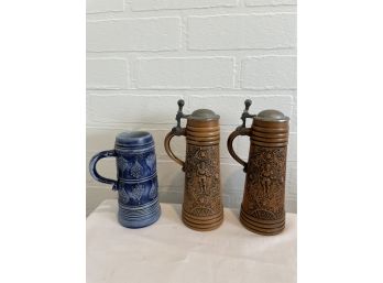 Three Antique Beer Steins - (brown) Gerz Beer Stein W. Germany E.K. Carolz Medieval Knight, (blue) Pottery