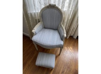 Blue & White Plaid Victorian Chair And Stool By Emanuel Decorators L.I, Emanuel Cappello