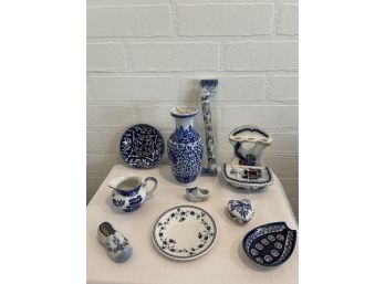 10 Piece Assorted Blue & White Dishes - Willow, Royal Doulton, Delfts, Etc.