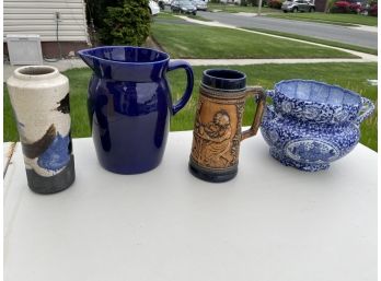 Four Piece Lot - Stein, Vase, Pitcher, Blue & White Pottery