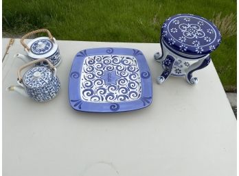 Four Piece Blue And White Lot - Plant Stand, Plate & Two Tea Kettles
