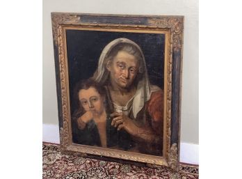 Very Early Original Oil Painting Of Woman And Child