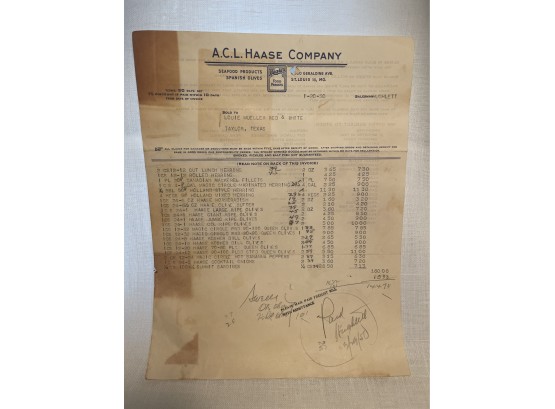 A.C.L. Hasse Company 1950 Invoice For Louie Mueller