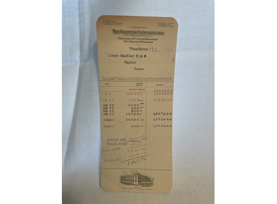 The Cooper Company Invoice For Muellers Red & White Stores Taylor TX 1950s