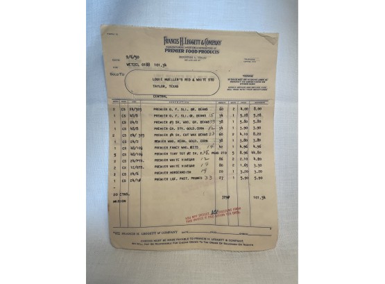 Francis H. Legged & Company 1950 Invoice For Louie Mueller