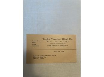 Taylor Venetian Blind Co. 1950 Invoice For Mueller South Side Food Store