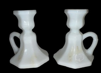 Candlestick Pair Milk Glass Finger Hold 4.5' Tall Vintage Octagon Bottom Kemple
