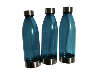 New Lot Of 3 Clear Water Bottle Stainless Steel Top BPA-Free Teal/Blue