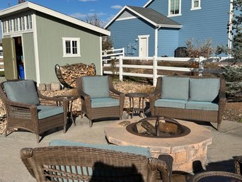 Wicker Outdoor Patio Loveseat And Two Chairs With Cushions And Two Side Tables