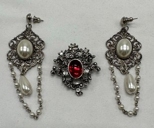 Gothic Style Pearl Earrings And Brooch