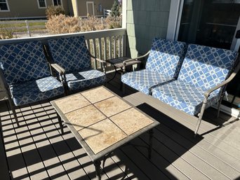 Metal Outdoor Loveseat And Two Chairs With Cushions, Tiled Coffee Table And Side Table