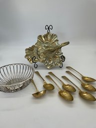 British Chased Spoons And Silver Plate Leaf Serving Piece