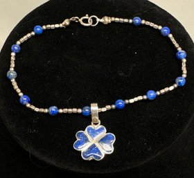 (2) Paper Bead Necklaces, Blue Lapis Shamrock Bracelet, And Woven Keychain