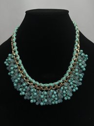 Gold Metal And Turquoise Bead Necklace And Earrings