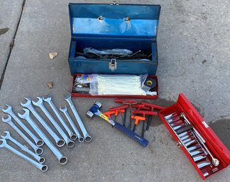 Socket Wrenches And Crescent Wrenches In Blue Metal Toolbox