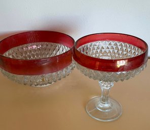 Vintage Indiana Glass Diamond Point Ruby Pattern Pedestal Compote Bowl & Large Bowl With Red Rim