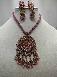 16' Pink And Gold Necklace And Matching Earrings