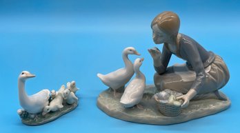 Lladro Porcelain Figurines 'Feeding The Geese' And 'Little Ducks After Mother'