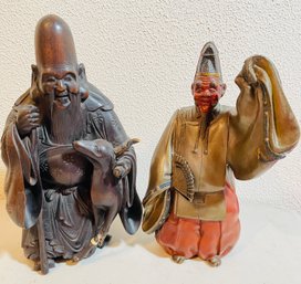 Noh Bronze Performer Sculpture & Antique Wood Jurojin