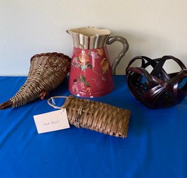 3 Baskets And Large Ceramic Pitcher