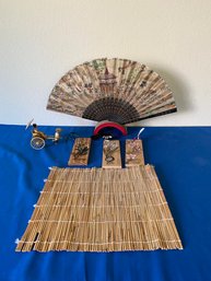 Antique Decorative Fan On Holder, Bamboo Mat